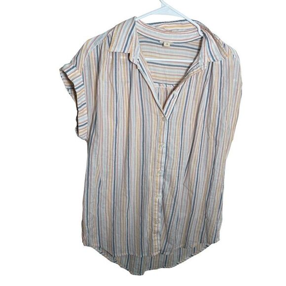 ANA Blouse Women's Small Striped Button Up Collared Short Sleeve Boho Shirt Top - Picture 1 of 8